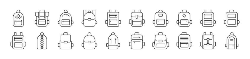 Schoolbag, Bag for Tracking and Hiking Outline Icon Collection. Editable Stroke. Perfect for Infographics, Articles, Books, Flyers, Banners vector