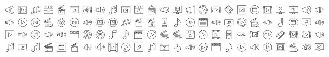 Clapperboard, Musical Note, Loud Speaker Media Player Outline Style Icons for Design, Cards, Apps, Social Networks vector