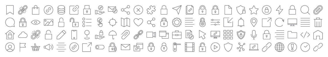 Pack of Interface Related Line Icons. Editable Stroke for Design, Web Sites, Apps, Cards. Contains Linear Images of Share, Coding, Like, Bookmark, Menu vector