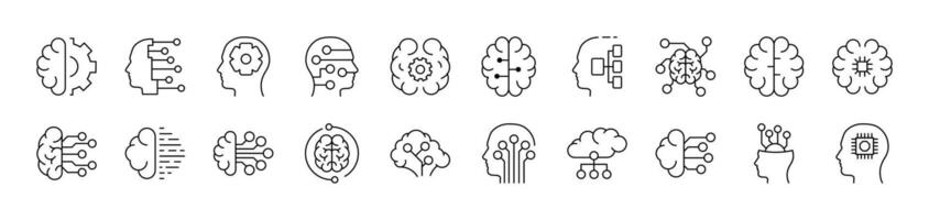 Pack of Line Icons of Artificial Intelligence. Editable Stroke. Minimalistic Linear Pictogram for Design of Cards, Apps, Banners, Posts vector