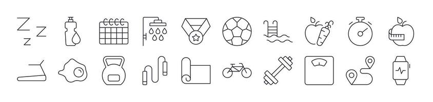 Collection of Outline Symbols of Healthy Lifestyle, Fitness, Wellness Drawn with Thin Line for apps, web sites, banners, infographics and other types of design vector