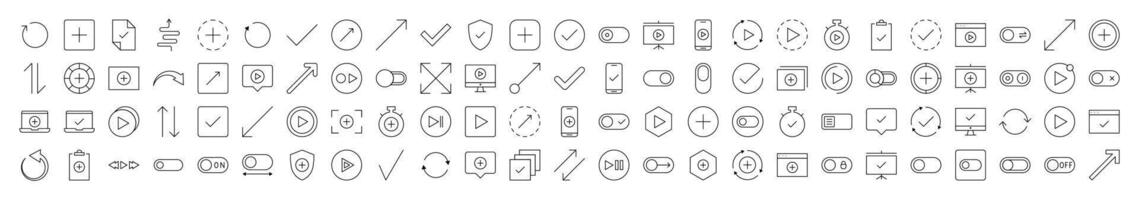 Interface Outline Simple Icons Bundle. Contains Icons of Arrows, Plus, Check, Play that Can Be Used for Design of Cards, Posts, Apps, Web Sites vector