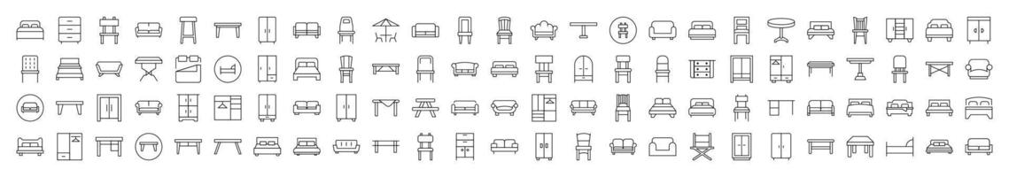 Collection of Outline Symbols of Wardrobe, Bed, Sofa, Table, Chair Drawn with Thin Line for apps, web sites, banners, infographics and other types of design vector