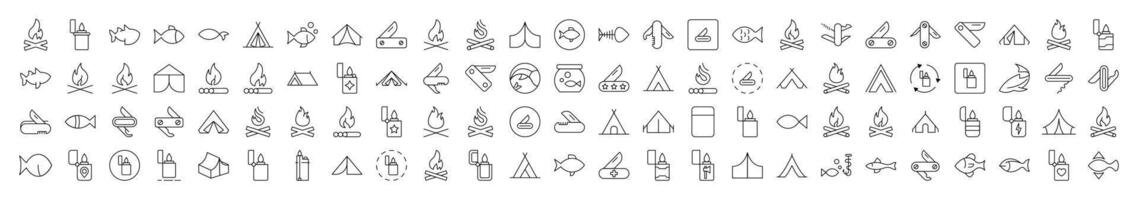 Camping Isolated Images Set. Contains such Elements as Bonfire, Fish, Folding Knife, Tent, Lighter. It Can Be Used for Interface, Posts, Advertisements, Various Cards vector
