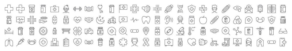 Medicine and Healthcare Line Icon Pack. Modern Collection for Design, Web Sites, Apps, Cards. Contains Linear Images of Organs, Medical Cross, Pills vector