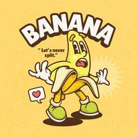 Funny cartoon banana character isolated on yellow background. vector