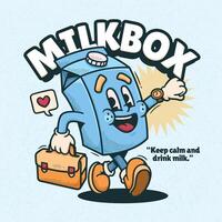 A milk carton character carrying a suitcase walks towards his office vector