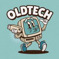 Cute classic computer cartoon character carrying a flash drive vector