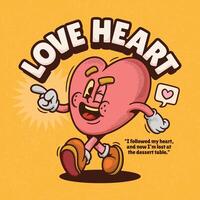 Loving heart cartoon character on orange background. Illustration in retro style. vector