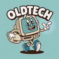 Cute classic computer cartoon character carrying a mouse vector