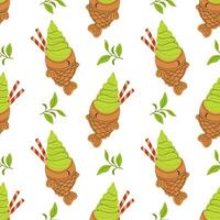 Taiyaki with matcha ice cream and waffle rolls. Green tea. Japanese traditional dessert. Seamless pattern with food for textile, wrapping paper, background. vector