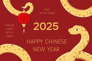 New year background with the symbol of 2025 snake and Chinese lanterns. Fortune comes with a snake. Happy year of the snake cute illustration. Golden snake on red background. Lunar new year vector