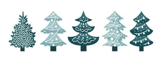 This set of Christmas trees showcases a minimalist design in a flat style. Each tree features simple lines and shapes, capturing the essence of the holiday spirit with elegant simplicity. vector