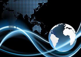 Technology background with neon waves and globe vector