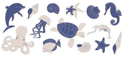 Set of illustrations with various sea creatures, fish, animals and underwater objects vector