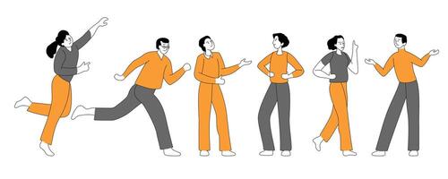 Linear illustration set of business people in work process. vector
