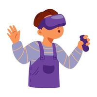 Surprised boy wearing virtual reality headset holding controller flat illustration isolated on white. vector
