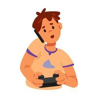 Boy playing game holding gamepad and talking on the phone flat illustration isolated on white. vector