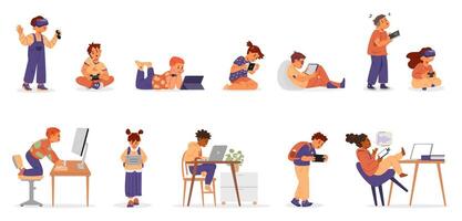 Children of different ethnicity using gadgets flat illustrations set. Kids using laptop, smartphones, virtual reality glasses, tablets, gamepads, computer. vector