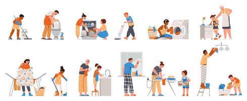 People of different age and ethnicity doing house chores flat illustrations set isolated on white. vector