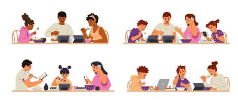 Different families eating and using gadgets at the table flat illustrations set isolated on white. Gadget-addicted families of different ethnicities at dinner. vector