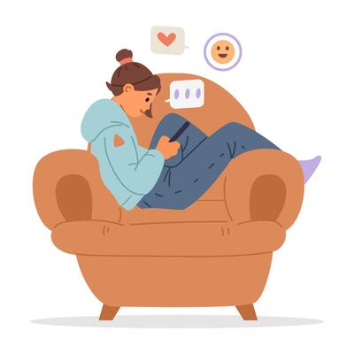 Teenage girl sitting in armchair texting messages in smartphone flat illustration isolated on white.