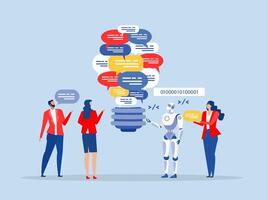 Brainstorming creative team of people. Creation of a new idea and cooperation in a team of professionals Effective communication,business people discuss with lightbulb speech bubble. vector