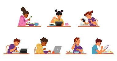 Different children using gadgets while eating flat illustrations set isolated on white. Gadget addiction problem. vector
