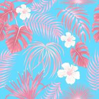 Seamless pattern with red tropical palm leaves and flowers on white background. Floral decorative illustration , for print design vector