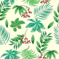 Seamless pattern with red berries and tropical leaves of palm tree. Botany background vector
