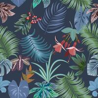 Seamless pattern with bright flowers and tropical leaves of palm tree on dark background. Botany background, jungle wallpaper. vector