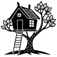 Black and White Treehouse Line Art with Ladder and Window View - Silhouette Design vector