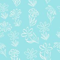 seamless pattern with abstract white flower on turquoise background. Hand drawn shapes and line-art. Contour drawing vector