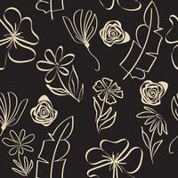 seamless pattern with abstract beige flowers on black, hand drawn shapes and line-art. Contour drawing, botanical element, floral background for textile vector