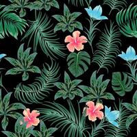 Seamless pattern with tropical palm leaves and flowers on black background. vector