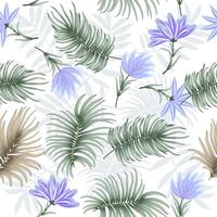 Seamless pattern with abstract flowers and tropical leaves of palm tree on white. background, jungle wallpaper for fabric, textile. vector