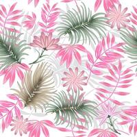 Seamless pattern with abstract flowers and tropical leaves of palm tree on white. background, jungle wallpaper for fabric, textile. vector
