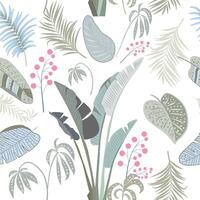 Tropical seamless pattern with leaves of palm tree and flowers vector
