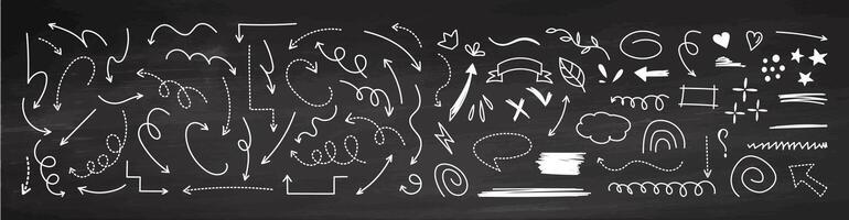 Hand-drawn chalk doodle set with arrows, lines, and shapes vector