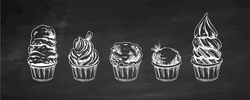 Vintage hand-drawn ice cream cups sketch collection on chalkboard background in retro style vector