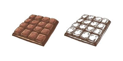 Hand-drawn colored and monochrome chocolate bar sketch in vintage style illustration vector