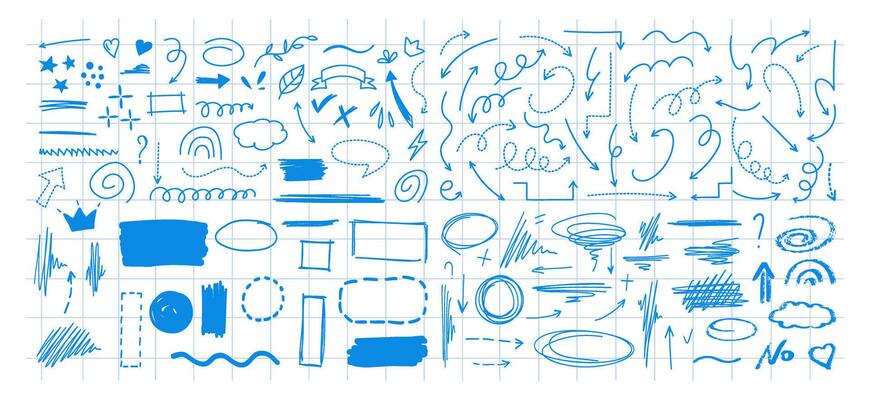 Hand-drawn doodle sketch elements on blue checkered background