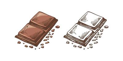 Chocolate squares with textured details in hand-drawn colored and monochrome sketch style vector