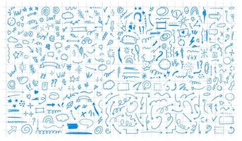 Simple sketch line style elements. Doodle cute ink pen line elements isolated on white background. Doodle arrow, heart, star, decoration symbol, icon set on checkered background vector