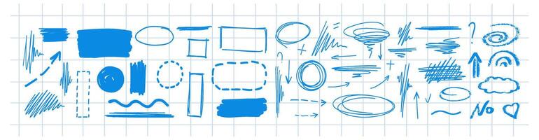 Hand-drawn sketch doodle elements on blue checkered background vector
