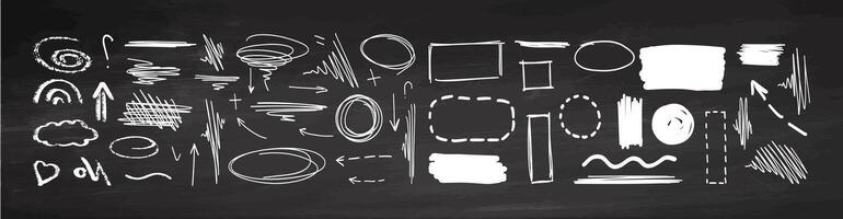 Hand-drawn chalk doodle elements on blackboard with arrows and shapes vector
