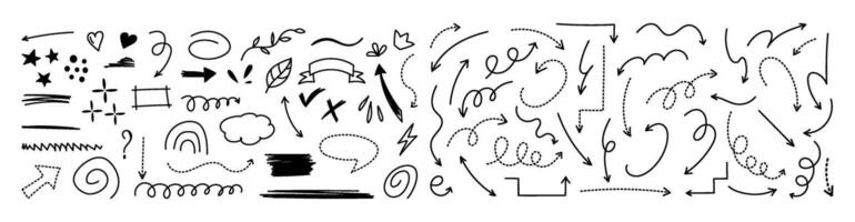 Hand-drawn sketch doodle elements with arrows, hearts, and shapes vector