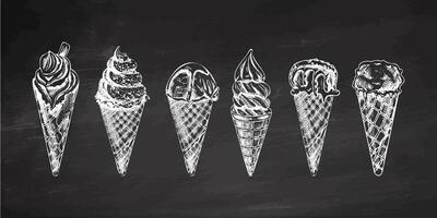 Vintage hand-drawn ice cream cones sketch on chalkboard background vector