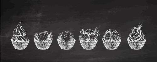 Hand-drawn vintage ice cream scoops in waffle cups sketch illustration on chalkboard background vector
