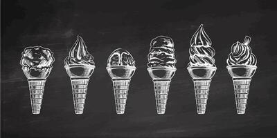 Vintage hand-drawn ice cream cones sketch collection on chalkboard vector